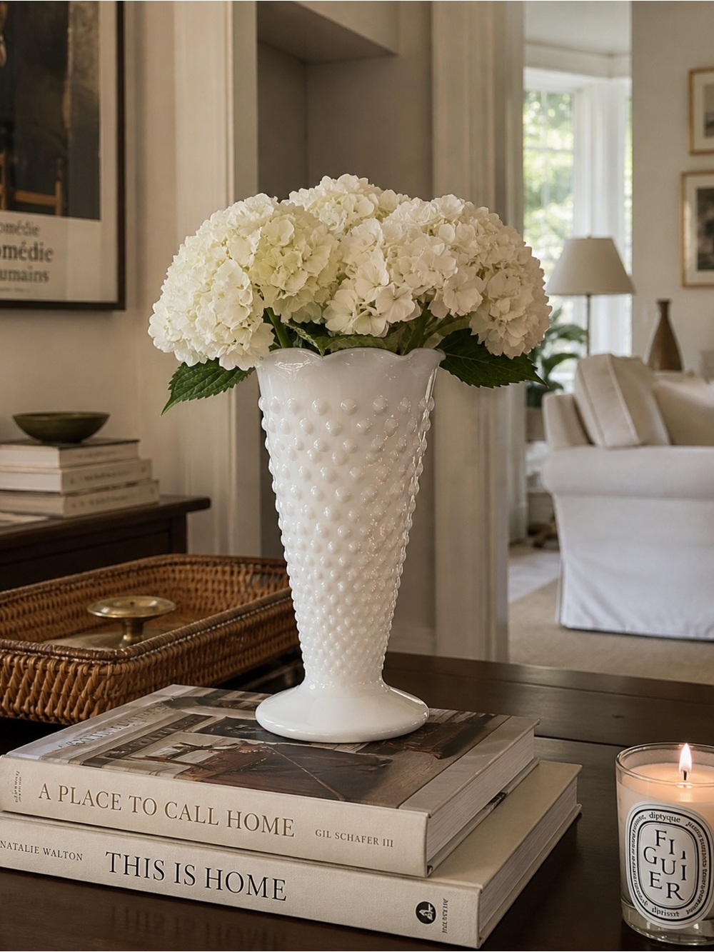 Vintage Mid-Century Fenton Hobnail White Milk Glass Vase Cottage Ruffled Edge